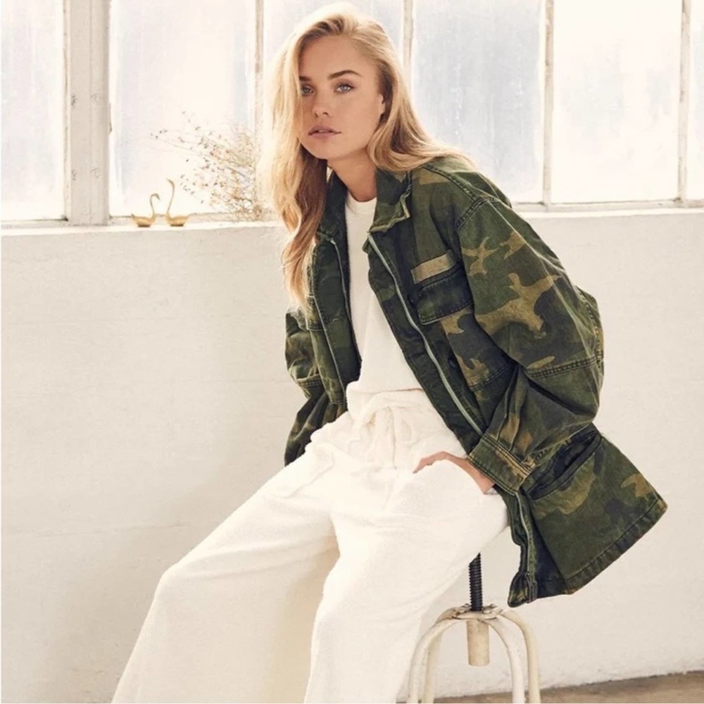 Free People Seize The Day Green Camo Print Oversized Army Utility Jacket Large